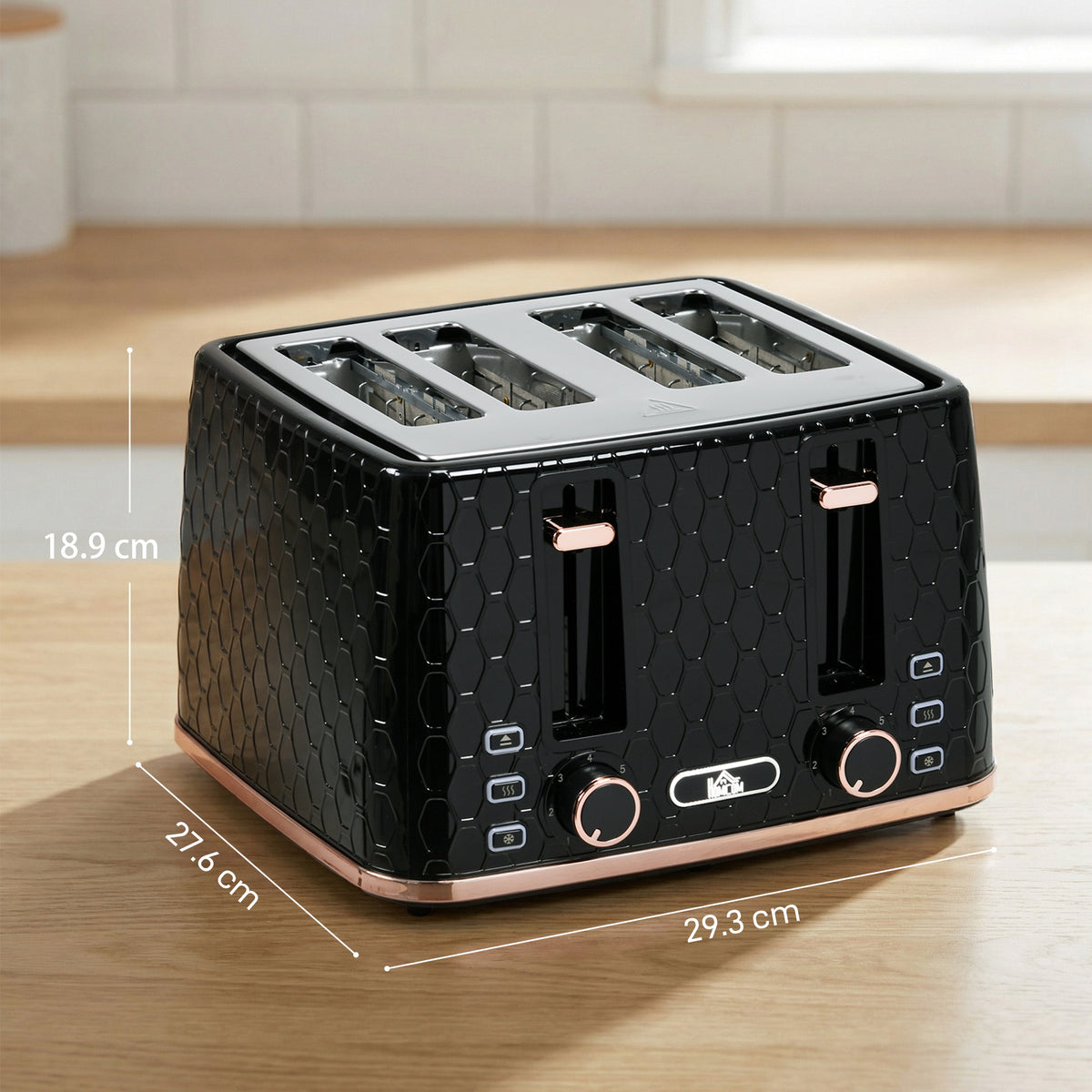 4 Slice Toaster with 7 Browning Levels, High Lift, Reheat/Defrost/Cancel, Self-centring Function, Removable Crumb Tray, Auto Off, 1600W, Black Honeycomb Texture