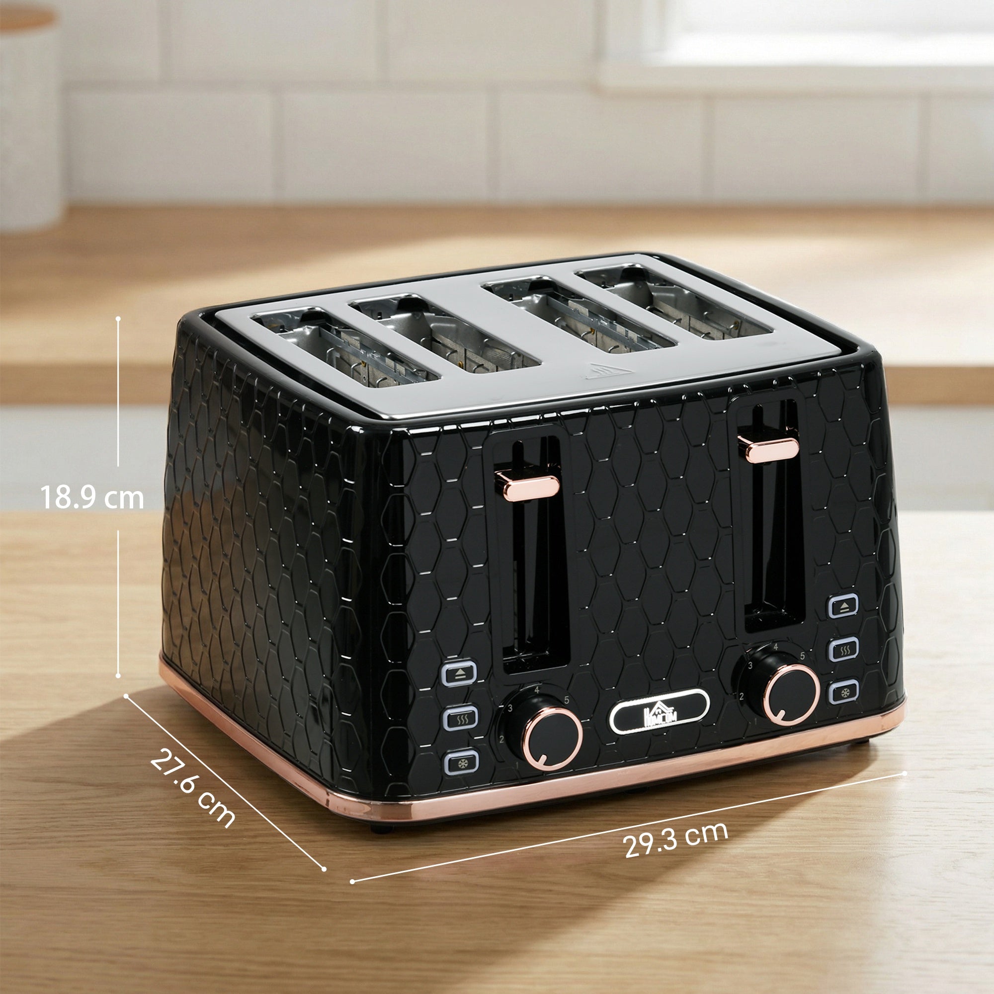 4 Slice Toaster with 7 Browning Levels, High Lift, Reheat/Defrost/Cancel, Self-centring Function, Removable Crumb Tray, Auto Off, 1600W, Black Honeycomb Texture