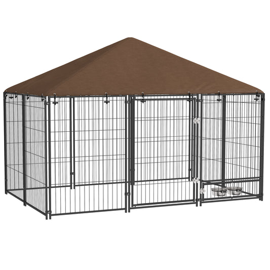 PawHut Outdoor Dog Kennel Puppy Play Pen with Canopy Garden Playpen Fence Crate Enclosure Cage Rotating Bowl 211 x 141 x 151 cm