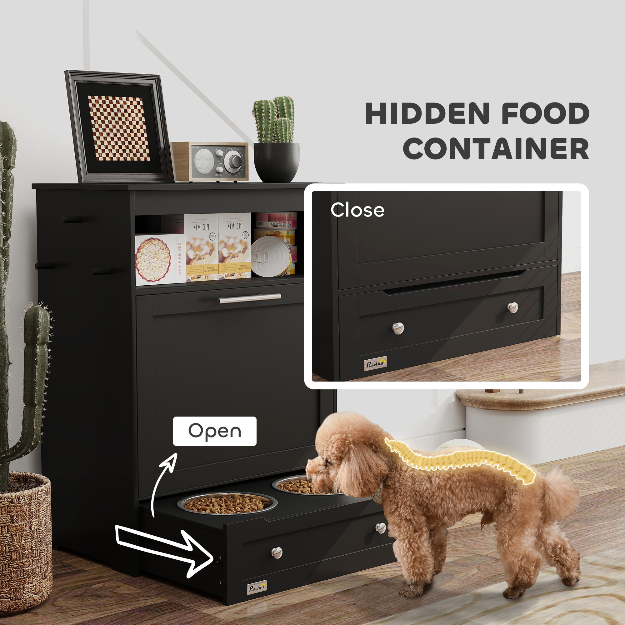 PawHut Pet Feeder Station, Dog, Cat Storage Container, with Raised Bowls, Hanger, Cabinet - Black