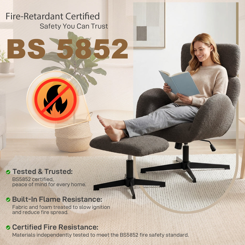 Swivel Armchair and Footstool Set, Height Adjustable Accent Chair with Adjustable Headrest, Rocking Function, Grey