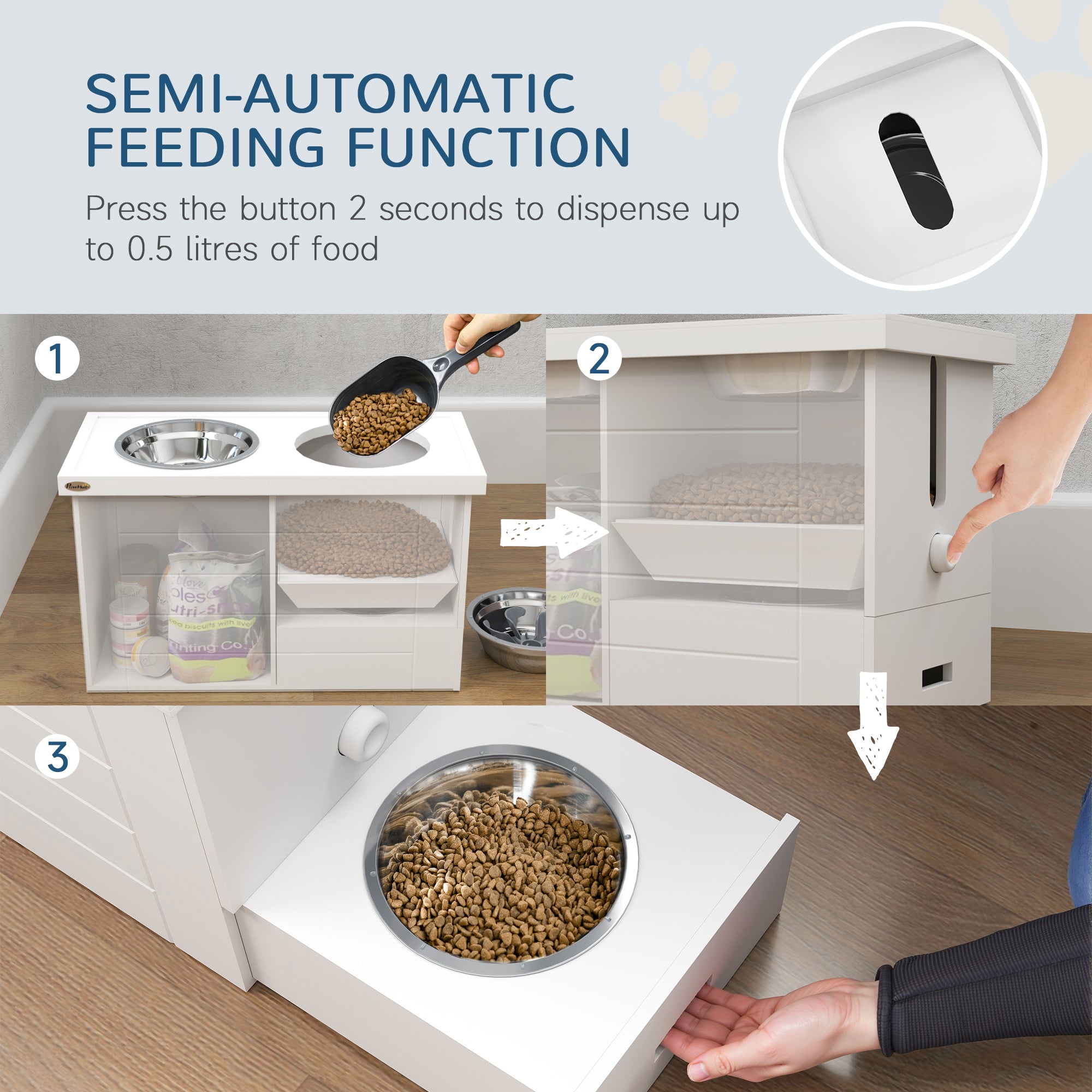 PawHut Raised Dog Bowls w/ Slow Feeder Mat, Storage Cabinet, Three Stainless Steel Bowls, Semi Auto Dispenser Function, White