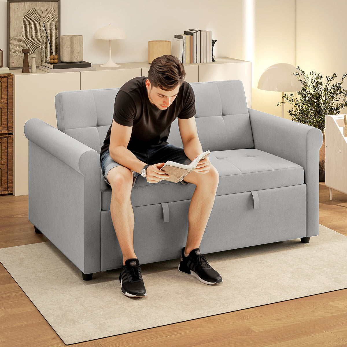 Two-Seater Velvet-Feel Sofa Bed - Grey