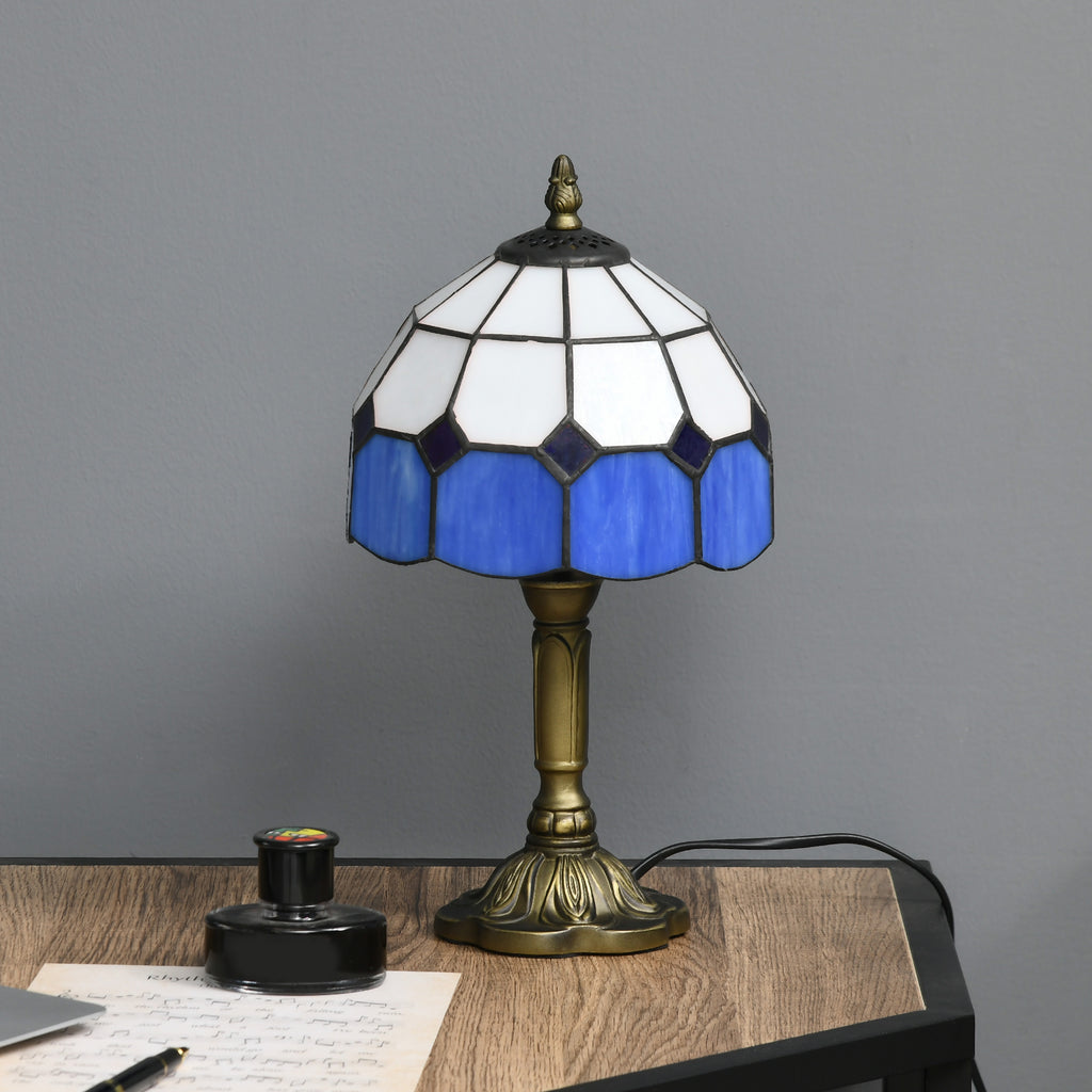Handmade Art Deco Glass Table Lamp - White/Blue