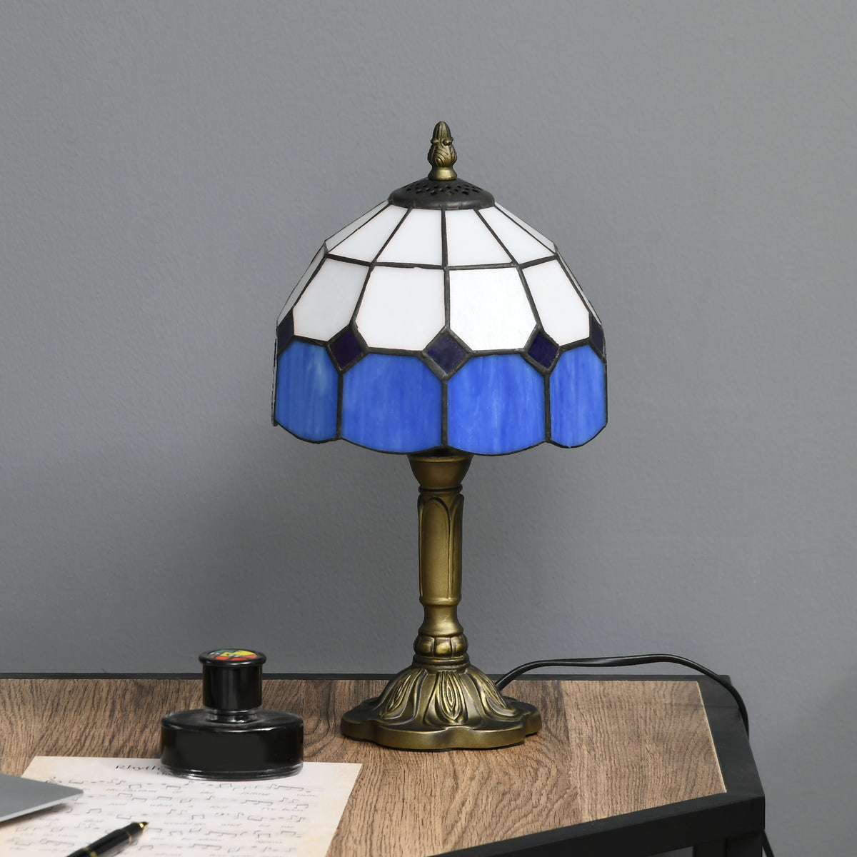Handmade Art Deco Glass Table Lamp - White/Blue