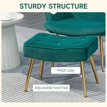 Modern Armchair with Footstool, Upholstered Accent Chair with Ottoman, Steel Legs, Velvet Wingback Chair for Living Room, Bedroom, Home Study, Dark Green