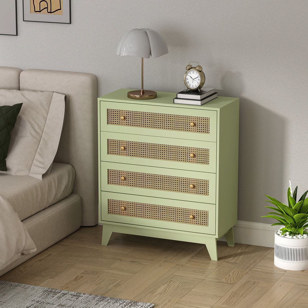 HOMCOM Rattan Chest of Drawers, 4 Drawer Storage Unit with Tapered Legs, Bedroom Storage Organiser Dresser for Bedside, Entryway, Hallway, Living Room, Light Green