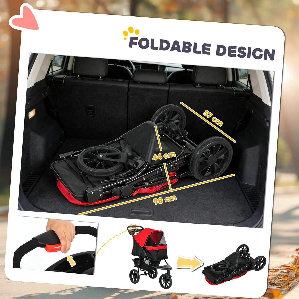 PawHut Dog Stroller Foldable Pet Pram, 3 Wheels Dog Pushchair with Brake, for Small Miniature Breeds, Cats, Red