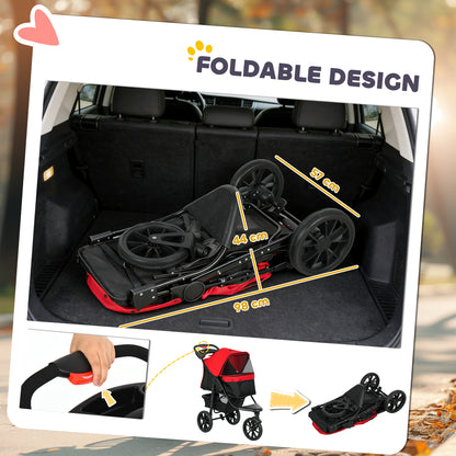PawHut Dog Stroller Foldable Pet Pram, 3 Wheels Dog Pushchair with Brake, for Small Miniature Breeds, Cats, Red