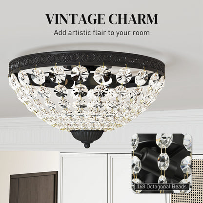 Crystal Chandelier Ceiling Light with 168 Octagonal Beads, Vintage 2-Light Flush Mount Ceiling Light for Living Room, Bedroom, Hallway, Dining Room, Black