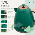 Kettle and Toaster Set, 1.7L 3000W Fast Boil Jug Kettle with Auto Shut Off, 4 Slice Toaster with 7 Level Browning Controls & Crumb Tray, UK Otter Thermostat, Green