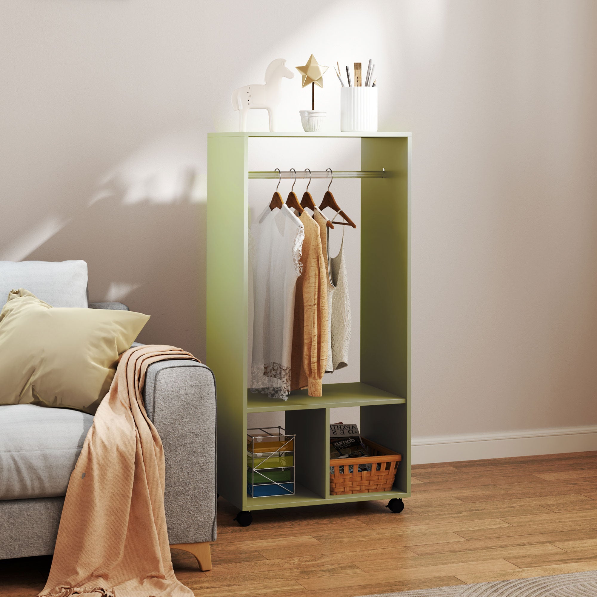 Open Wardrobe on Wheels, Bedroom Wardrobe with Clothes Hanging Rail, 2 Storage Shelves, Mobile Garment Rack for Cloakroom, Hallway, Green