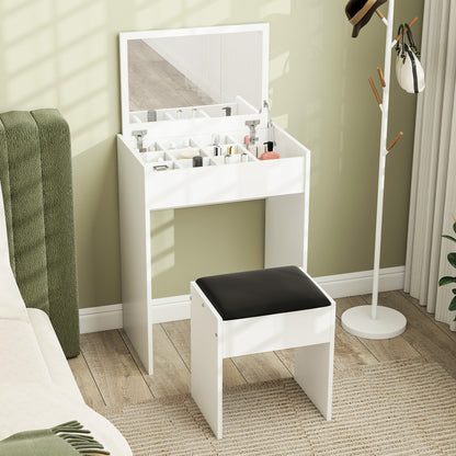Dressing Table with Mirror and Stool, Vanity Makeup Table with Flip Up Mirror, Vanity Desk with Storage Unit and Padded Seat, White