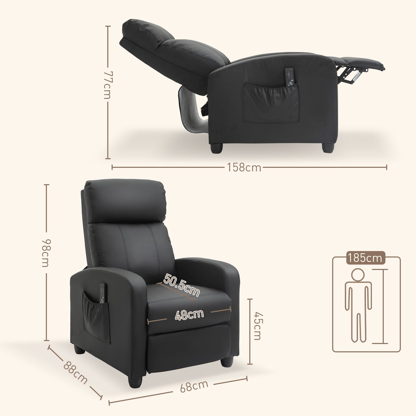 Massage Recliner Armchair with 150° Recline, Faux Leather, Side Pocket, Black