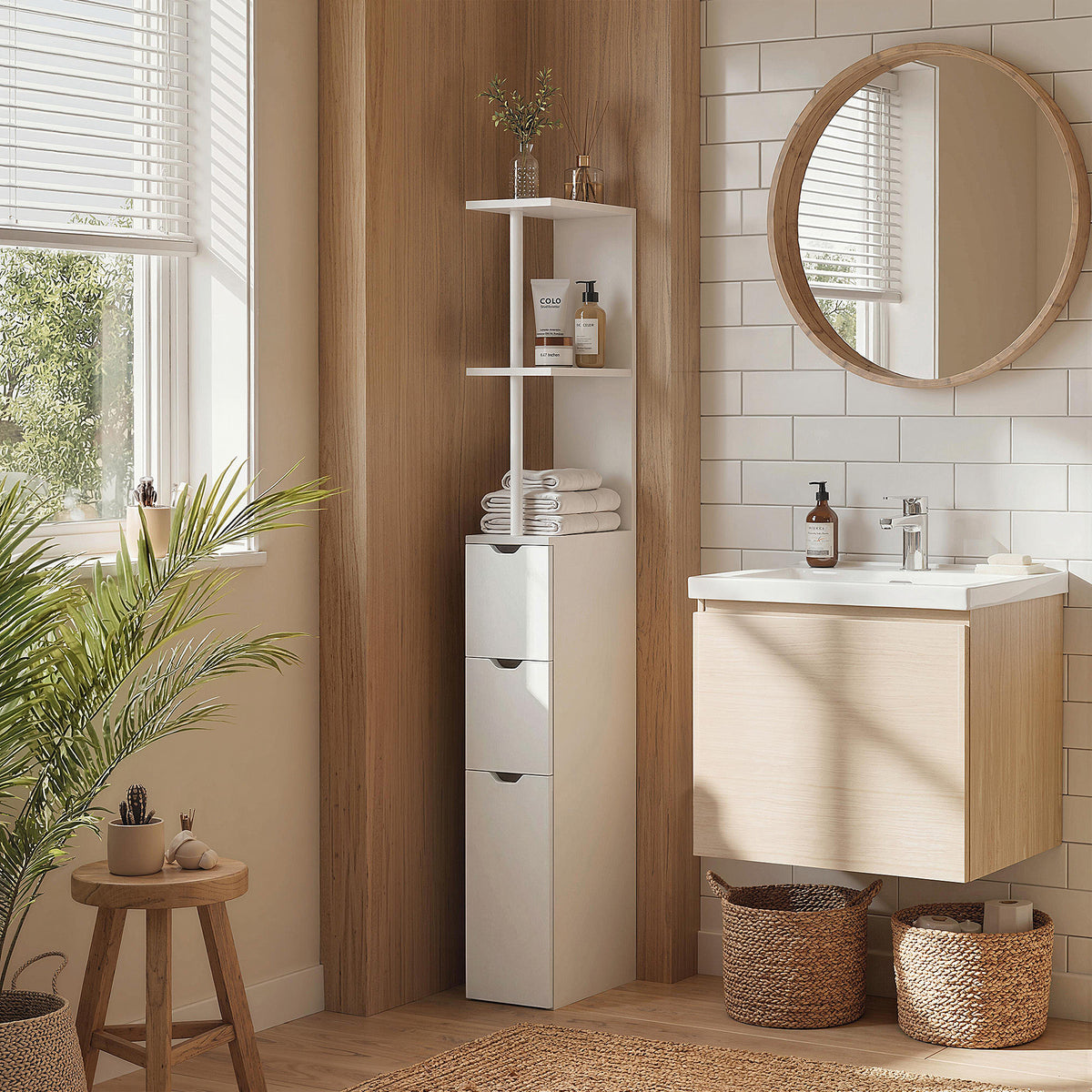 Slim Bathroom Storage Cabinet with Drawers, Tall Bathroom Cupboard with 2-Tier Shelf, White