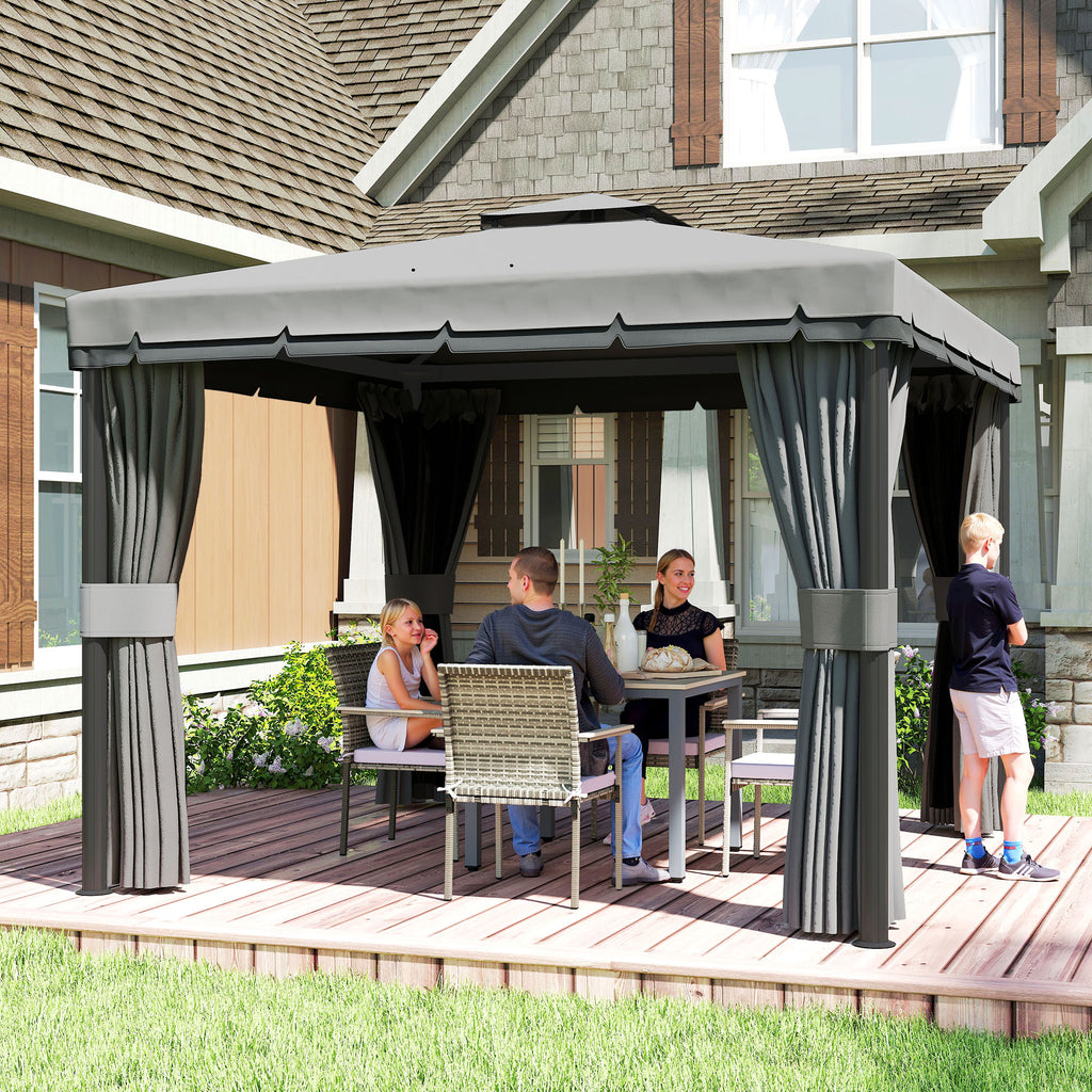 Outsunny 3 x 3(m) Patio Gazebo Canopy Garden Pavilion Tent Shelter Marquee with 2 Tier Roof, Netting and Curtains, Light Grey