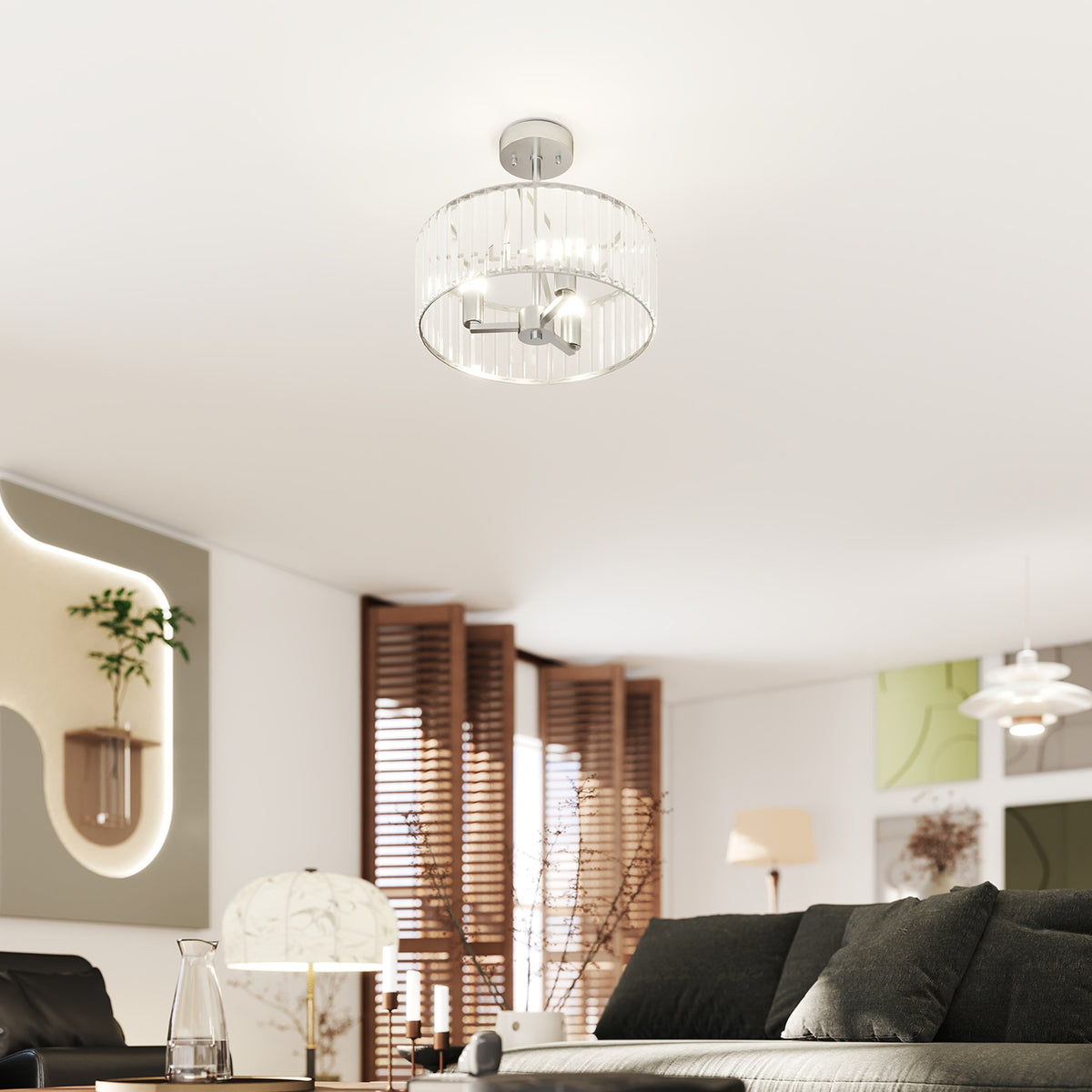Crystal Ceiling Light Fixture, Semi Flush Mount Modern Crystal Chandelier Ceiling Light for Living Room, Bedroom, Hallway, Dining Room, E14 Base 3-Lights, Bulbs Not Included, Silver Tone