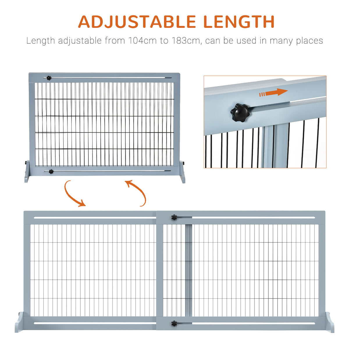 PawHut Freestanding Dog Gate, Foldable Pet Fence, Indoor Wood Barrier, Stair Gate with Support Feet, for Doorway, Hallway, Small and Medium Dogs, 69H x 104-180 cm, Blue-grey