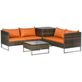 Outsunny 4 Piece Rattan Garden Furniture Set, Outdoor Corner Sofa Set with Storage Table, Loveseats, Cushions - Orange