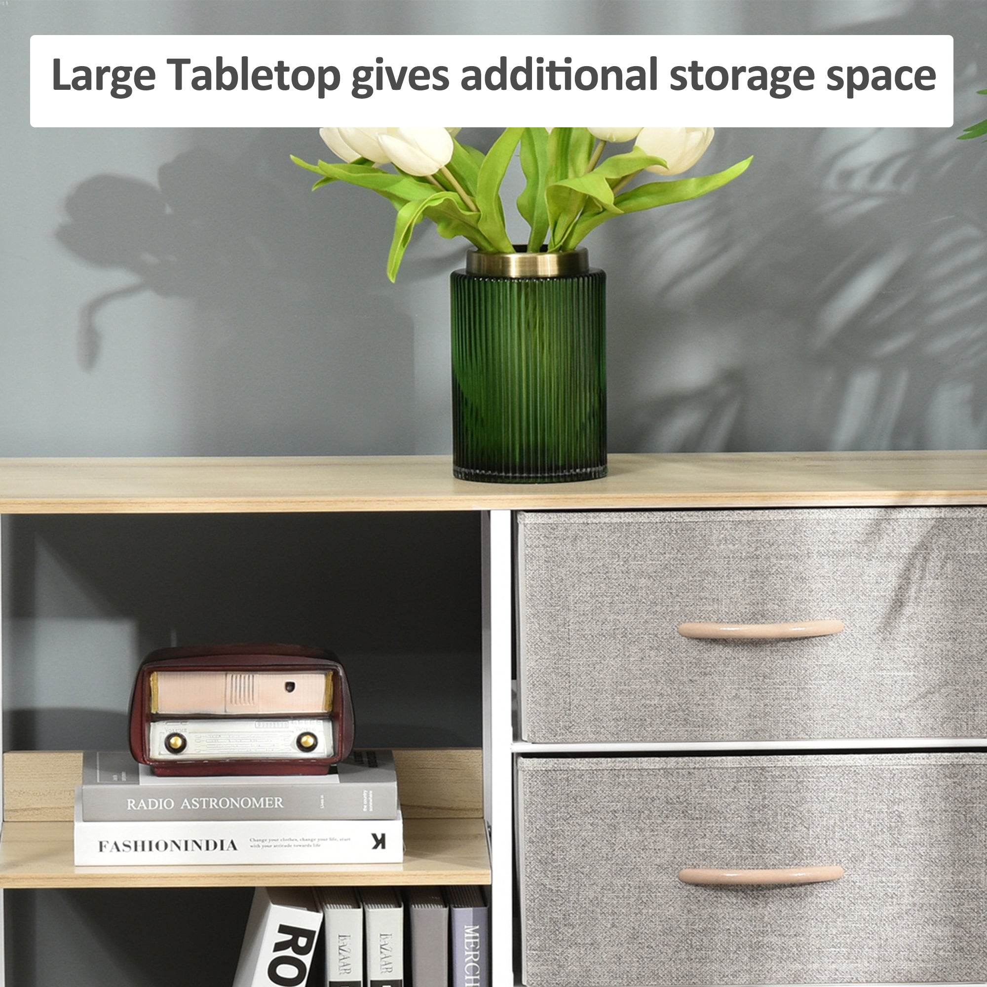 HOMCOM Chest of Drawers Storage  Dresser Cabinet Organizer with 3 Fabric Drawers and 2 Display Shelves for Living Room, Bedroom, Hallway, Beige