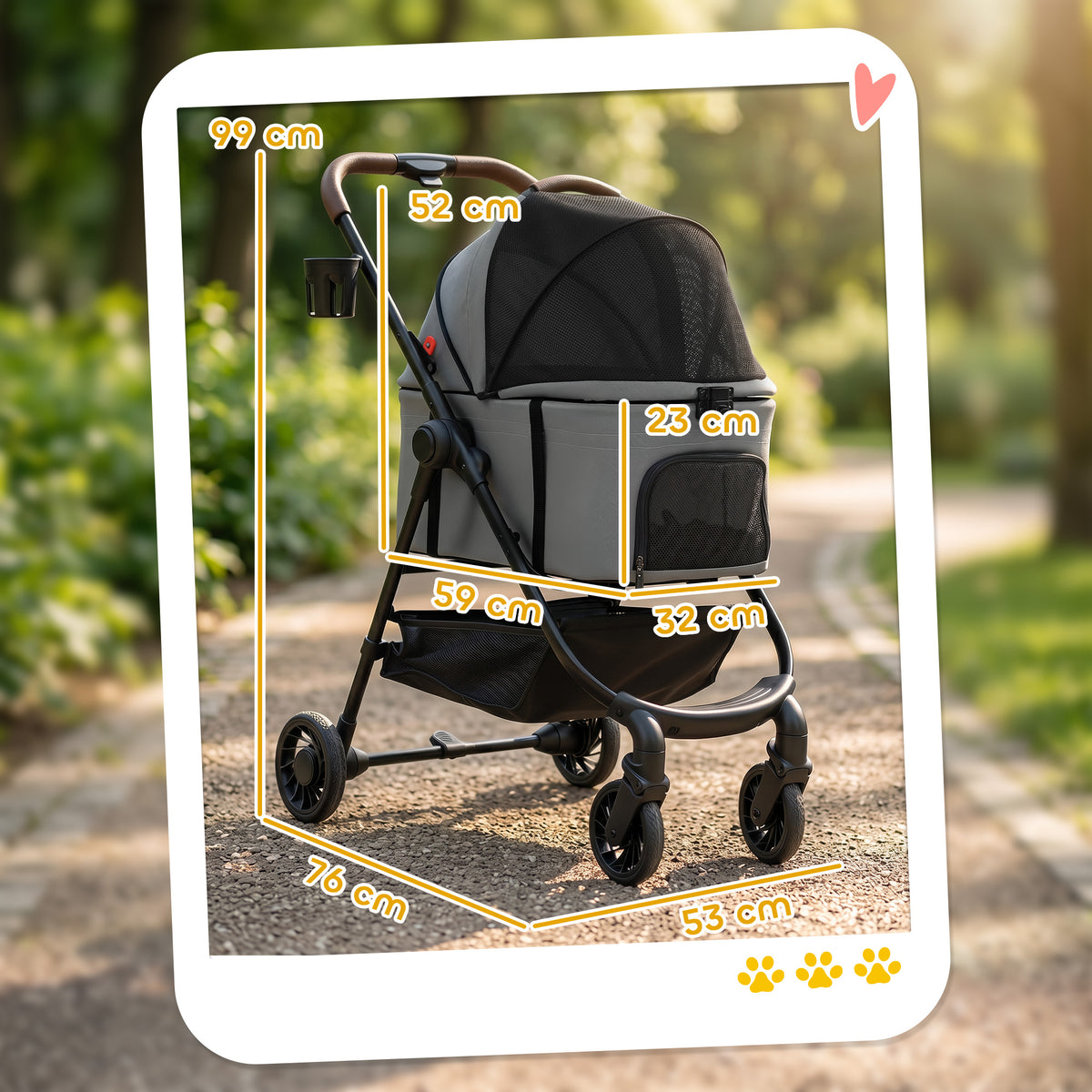 PawHut Dog Stroller, 3 in 1 Foldable Pet Stroller for Small Puppy Cat with Detachable Travel Carrier, Storage Basket, Grey