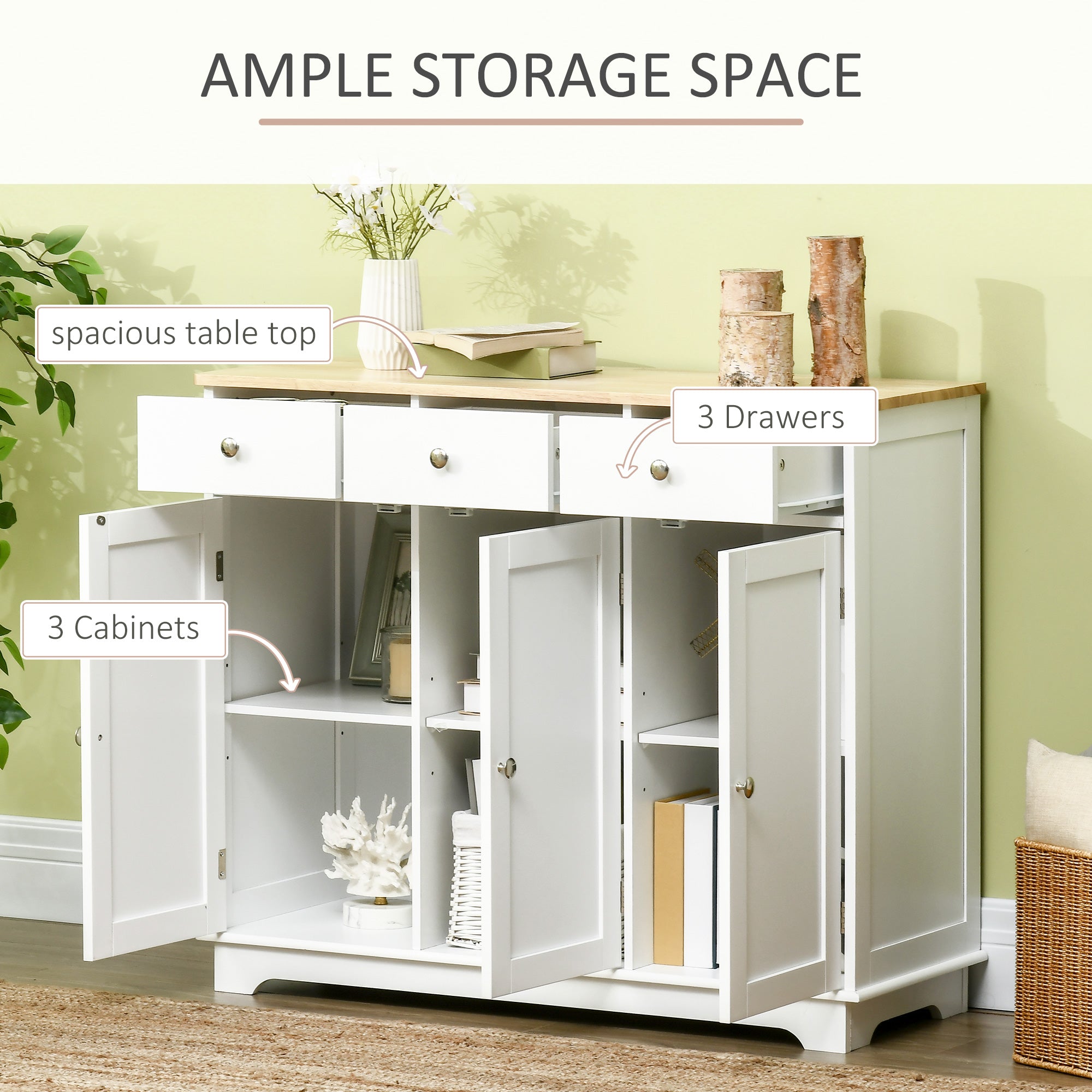 HOMCOM Sideboard with Rubber Wood Top, Modern Storage Cabinet with 3 Adjustable Shelves, White