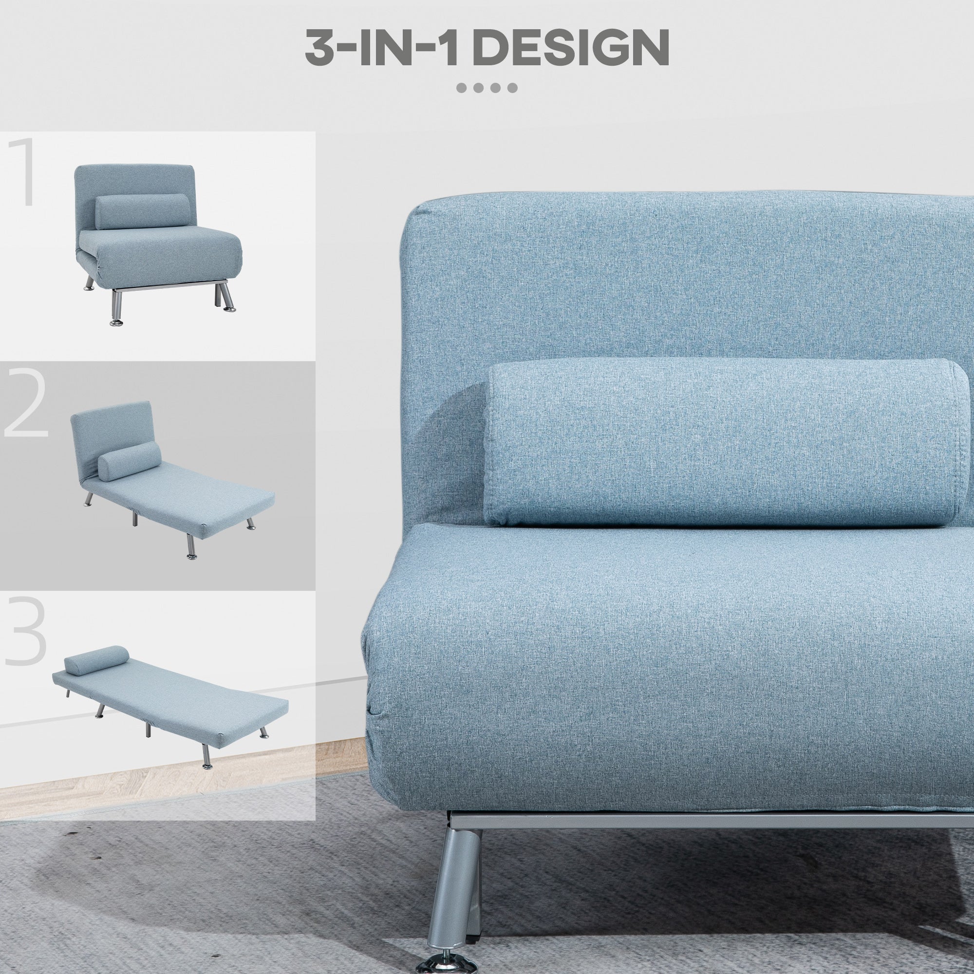 HOMCOM Single Sofa Chair Bed, Linen Fabric 3-in-1 Convertible Sleeper Chair with 5-Position Adjustable Backrest, 75cm Wide Seat, Pillow for Living Room, Bedroom, Sky Blue