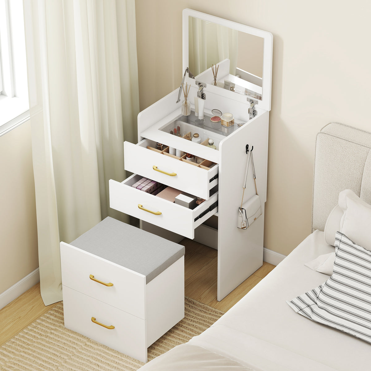 Compact Dressing Table and Stool Set, with Storage - White