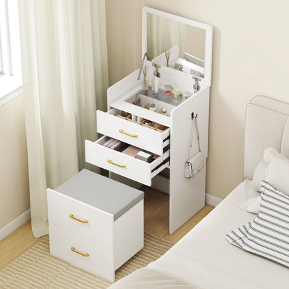 Compact Dressing Table and Stool Set, with Storage - White