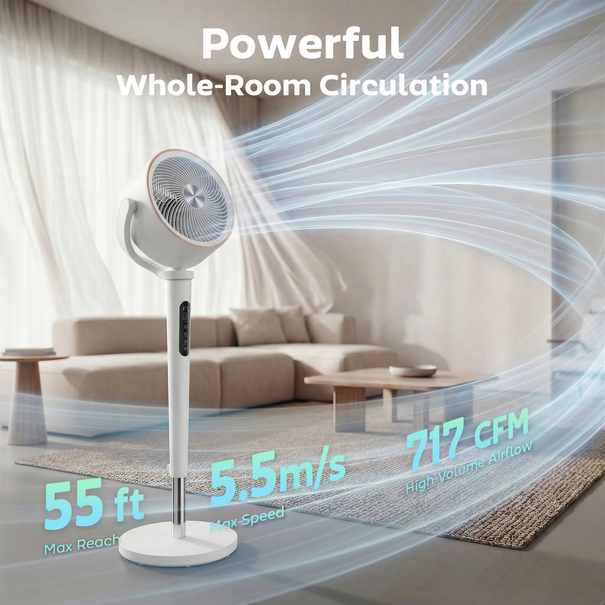 20dB Silent Standing Fan, 70°+90° Auto Oscillating Fan with 12 Speeds, LED Light, Air Circulator, Remote Control, 12H Timer, for Bedroom, 46 Inch, White