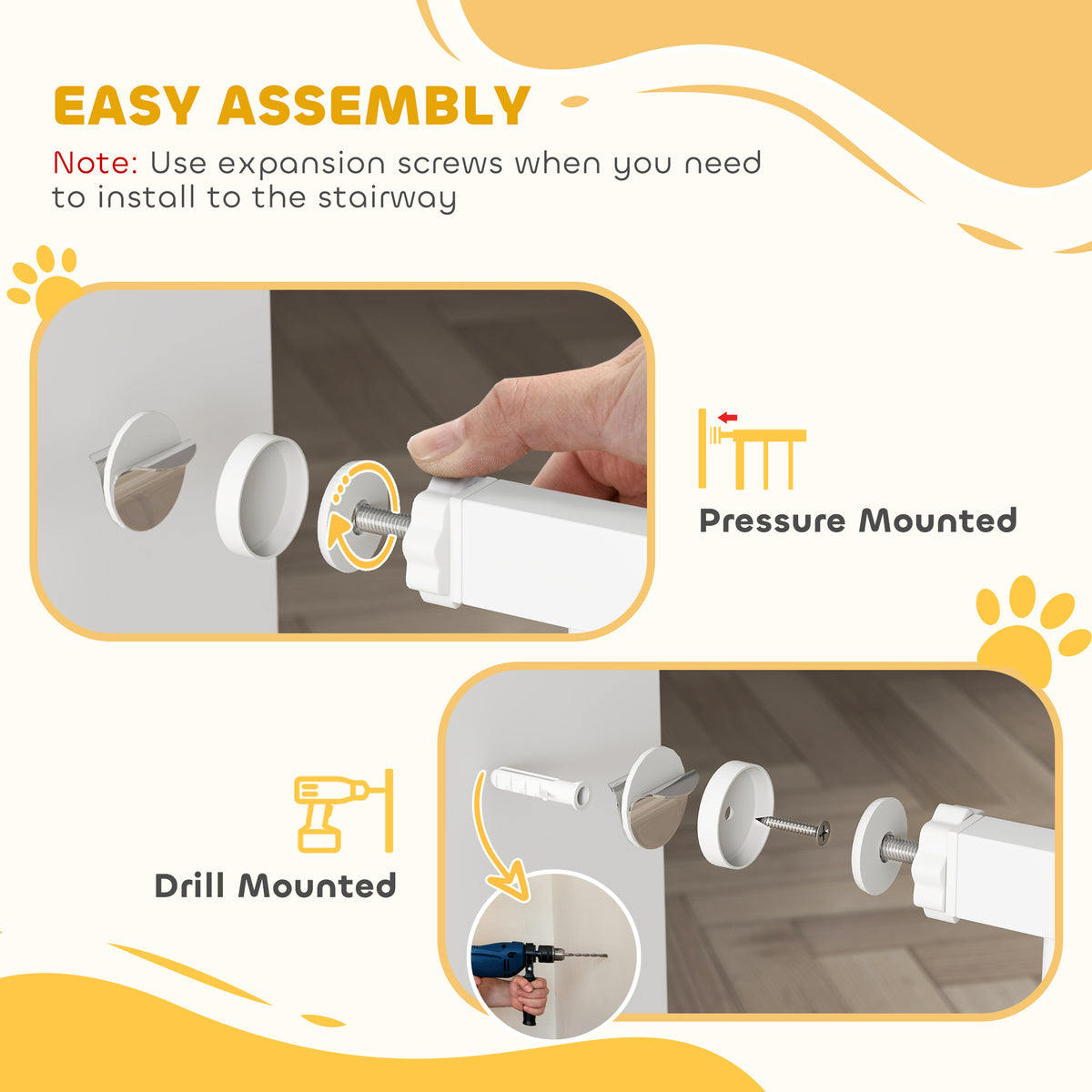 PawHut Dog Gate Pet Safety Gate Stair Barrier Pressure Mount Adjustable 76-82/86-97/101-107 cm, White