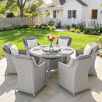 Outsunny Rattan Dining Set with Turntable, Marble Effect Glass Table and 6 Armchairs, Aluminium Frame, Grey