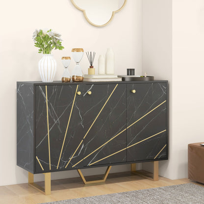 Sideboard Storage Cabinet, Modern Storage Cupboard with Adjustable Shelves and Metal Legs for Living Room, Kitchen, Dining Room, Entryway, Black Marble Tone