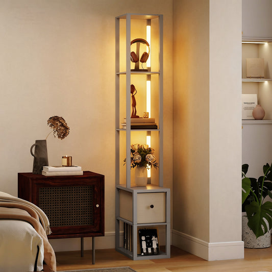 Floor Lamp with Shelves, LED Column Modern Standing Lamp with Fabric Drawer, Adjustable Brightness, Foot Switch for Living Room, Bedroom, Office, Grey