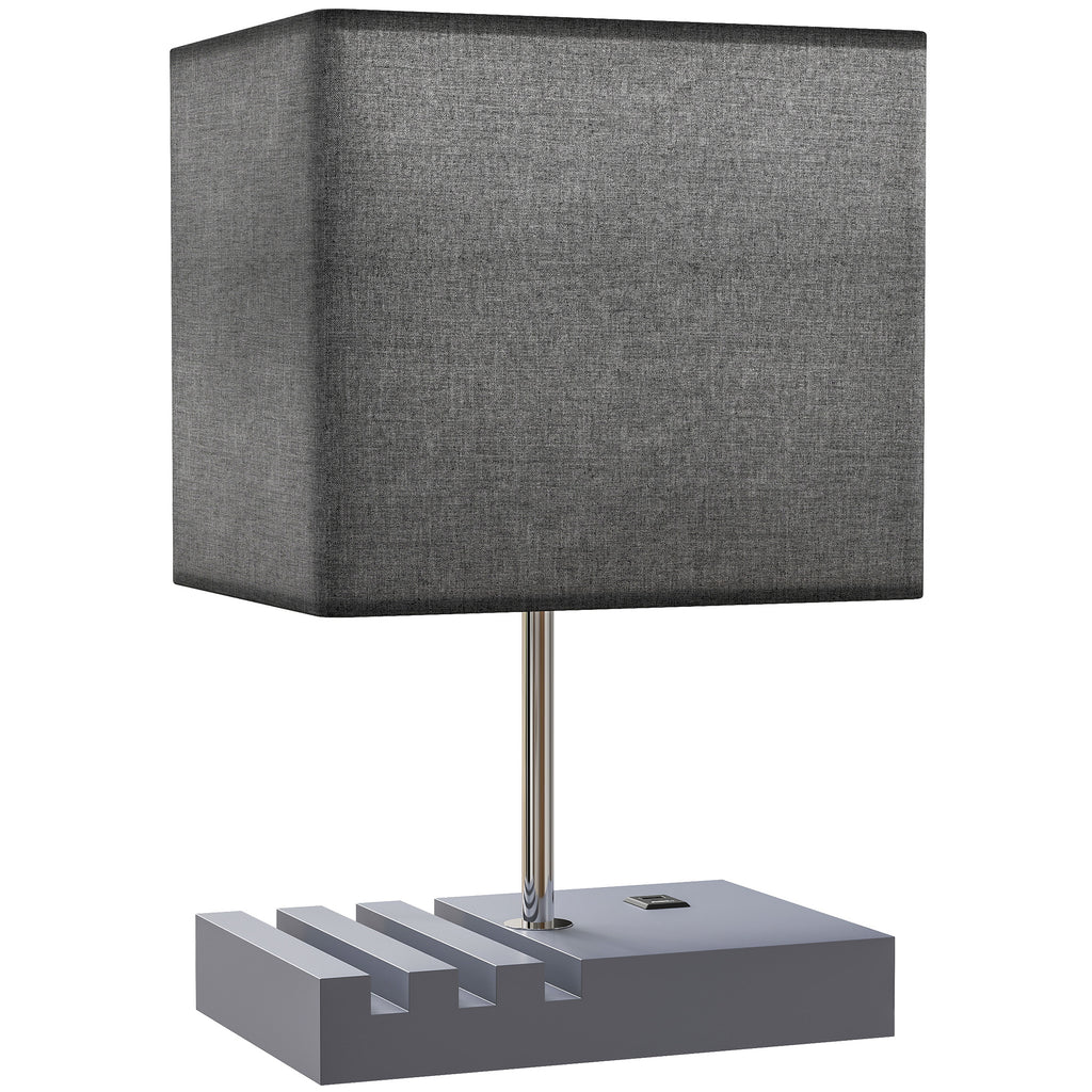 Bedside Lamp with USB A+C Charging Ports and 3 Phone Stands, Modern Table Lamp with Solid Wood Base and Fabric Shade for Bedroom Living Room Office, E27 Socket, Bulb Not Included, Grey