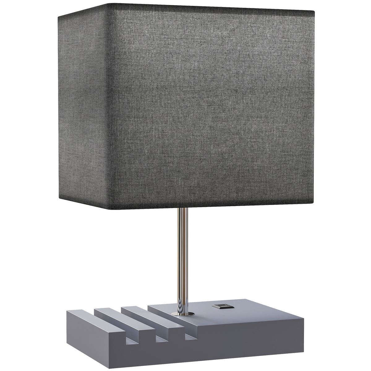 Bedside Lamp with USB A+C Charging Ports and 3 Phone Stands, Modern Table Lamp with Solid Wood Base and Fabric Shade for Bedroom Living Room Office, E27 Socket, Bulb Not Included, Grey
