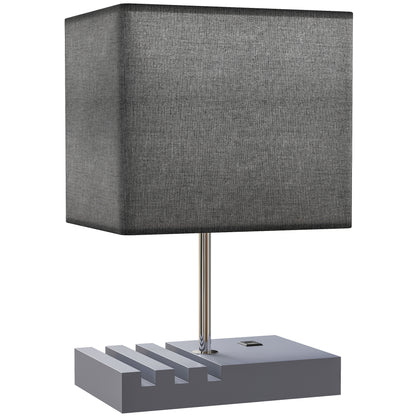 Bedside Lamp with USB A+C Charging Ports and 3 Phone Stands, Modern Table Lamp with Solid Wood Base and Fabric Shade for Bedroom Living Room Office, E27 Socket, Bulb Not Included, Grey