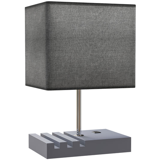Bedside Lamp with USB A+C Charging Ports and 3 Phone Stands, Modern Table Lamp with Solid Wood Base and Fabric Shade for Bedroom Living Room Office, E27 Socket, Bulb Not Included, Grey