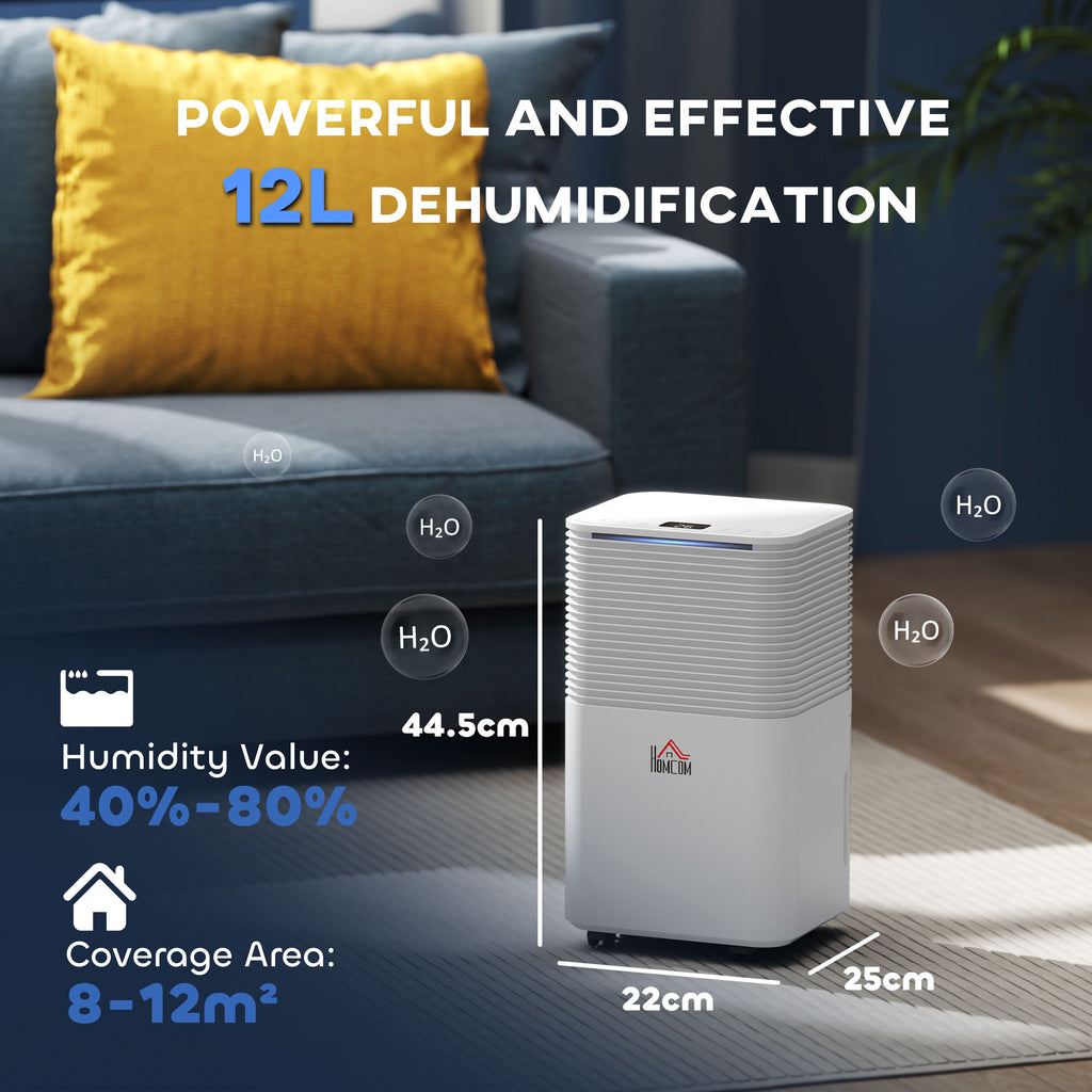 12L/Day Dehumidifier with 2L Water Tank, Laundry Drying, Automatic Humidity Sensor, Electric Portable Dehumidifier with 24H Timer, 3 Modes for Home Damp, Mould and Condensation