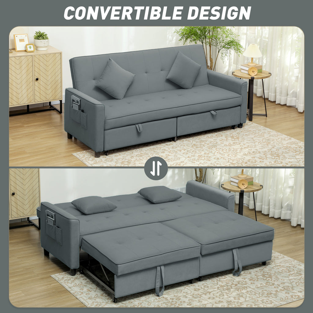 HOMCOM 3 Seater Velvet Sofa Bed, Convertible Click-Clack Couch with Adjustable Backrest, Small Double Sleeper Sofa for Living Room & Guests, Grey