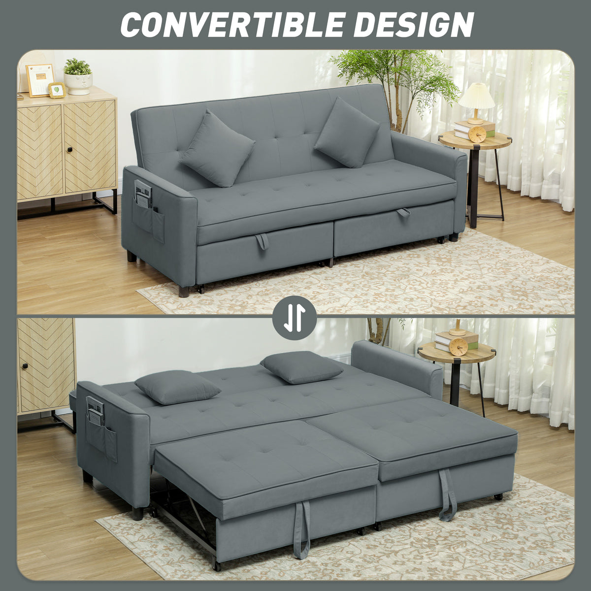 3 Seater Velvet Sofa Bed, Convertible Click-Clack Couch with Adjustable Backrest, Small Double Sleeper Sofa for Living Room & Guests, Grey