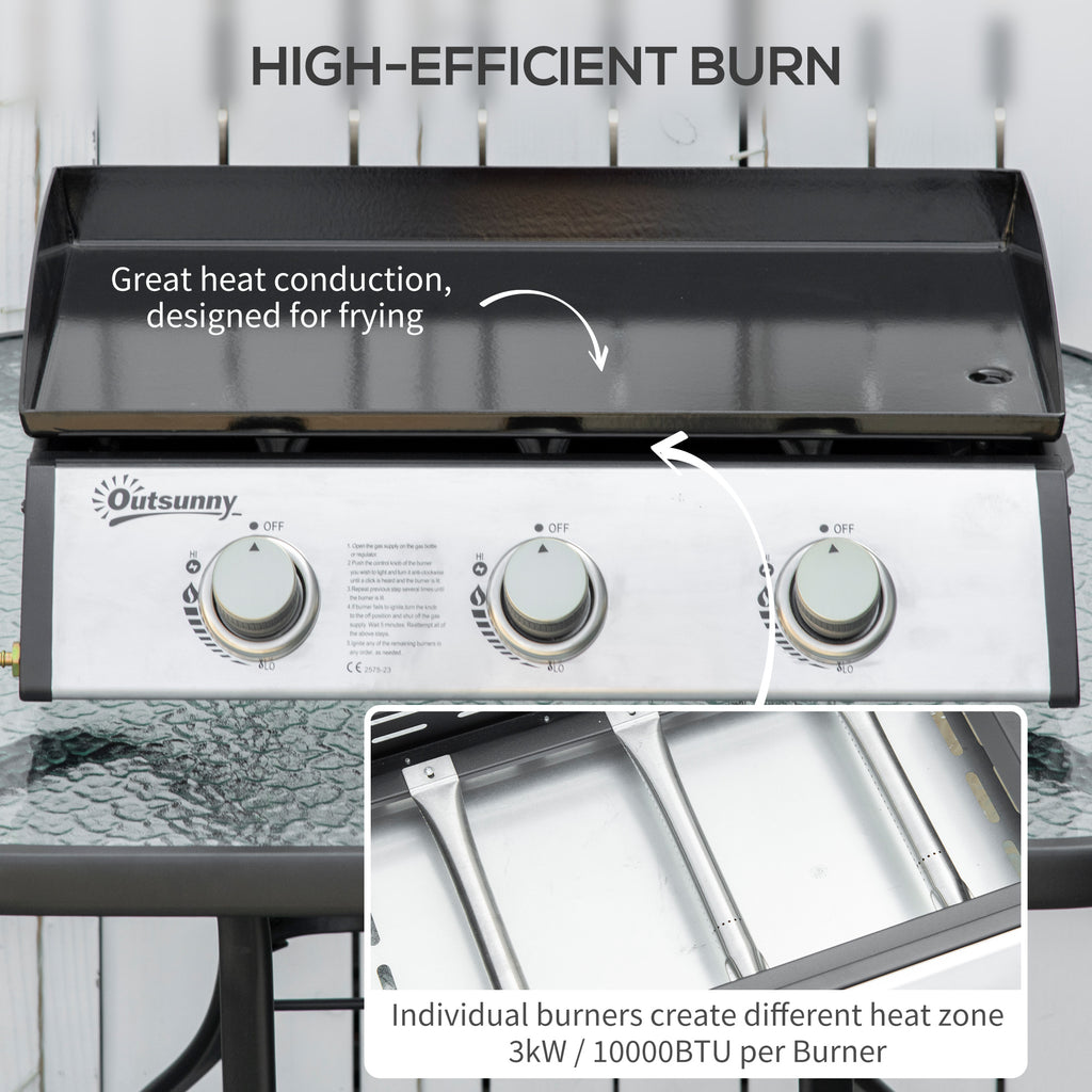 Outsunny Gas Plancha Barbecue Grill with 3 Stainless Steel Burner, 7.5kW, Portable Tabletop Gas BBQ with Non-Stick Griddle for Camping Picnic Garden Party Festival