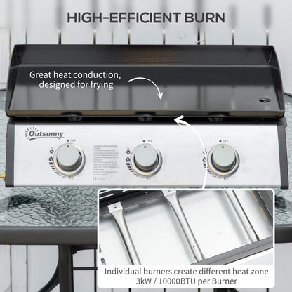 Outsunny Gas Plancha Barbecue Grill with 3 Stainless Steel Burner, 7.5kW, Portable Tabletop Gas BBQ with Non-Stick Griddle for Camping Picnic Garden Party Festival