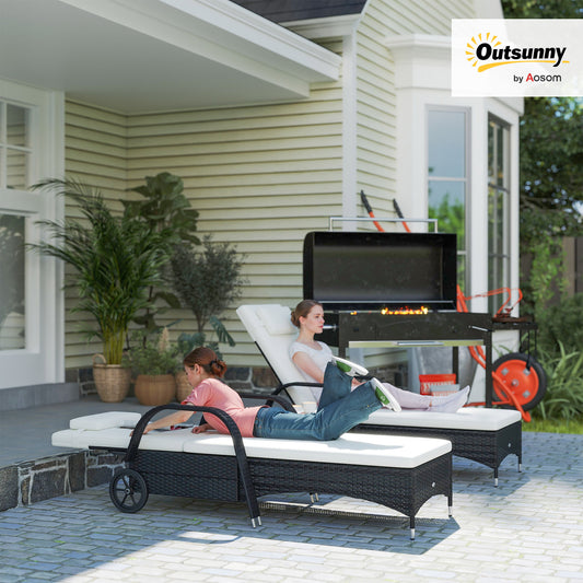 2 Seater Rattan Sun Lounger Set with Side Table Black