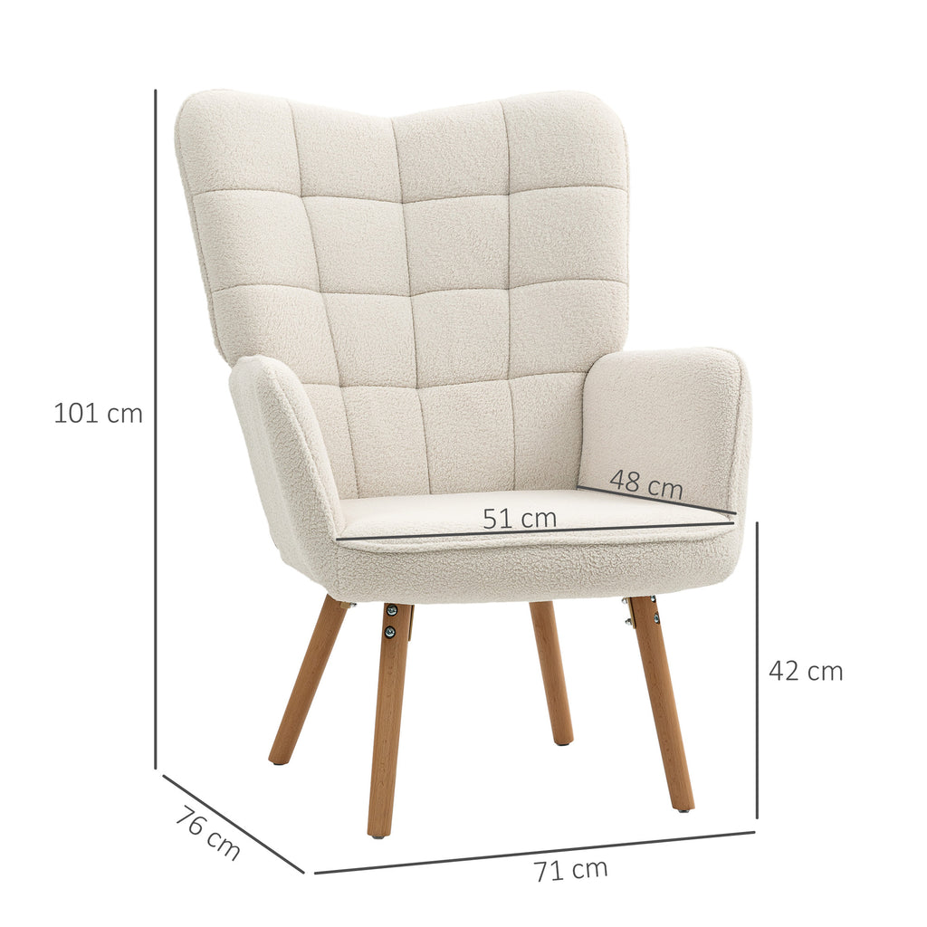 HOMCOM Modern Accent Chair, Upholstered High Back Armchair with Tufted Wingback, Seat Padding, Teddy Fleece Leisure Lounge Bedroom Chair with Wood Legs, Cream White