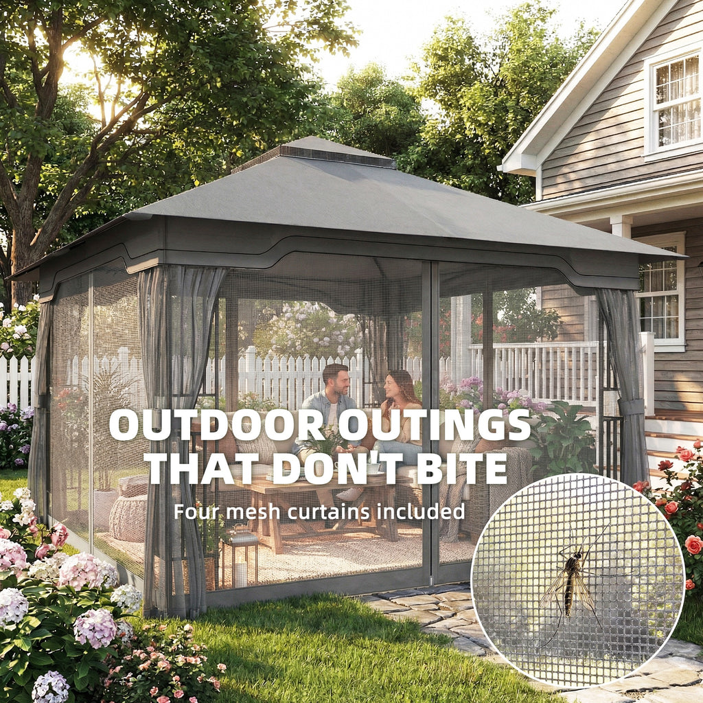 Outsunny 3.3 x 3.3 m Outdoor Garden Gazebo with Post Shelves, UPF50+ Patio Permanent Pavilion with Hook, Dark Grey