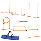 PawHut Dog Agility Equipment Pet Training Set with Adjustable Height Jump Ring Hurdle Whistle Weave Poles Square Pause Box Carry Bag