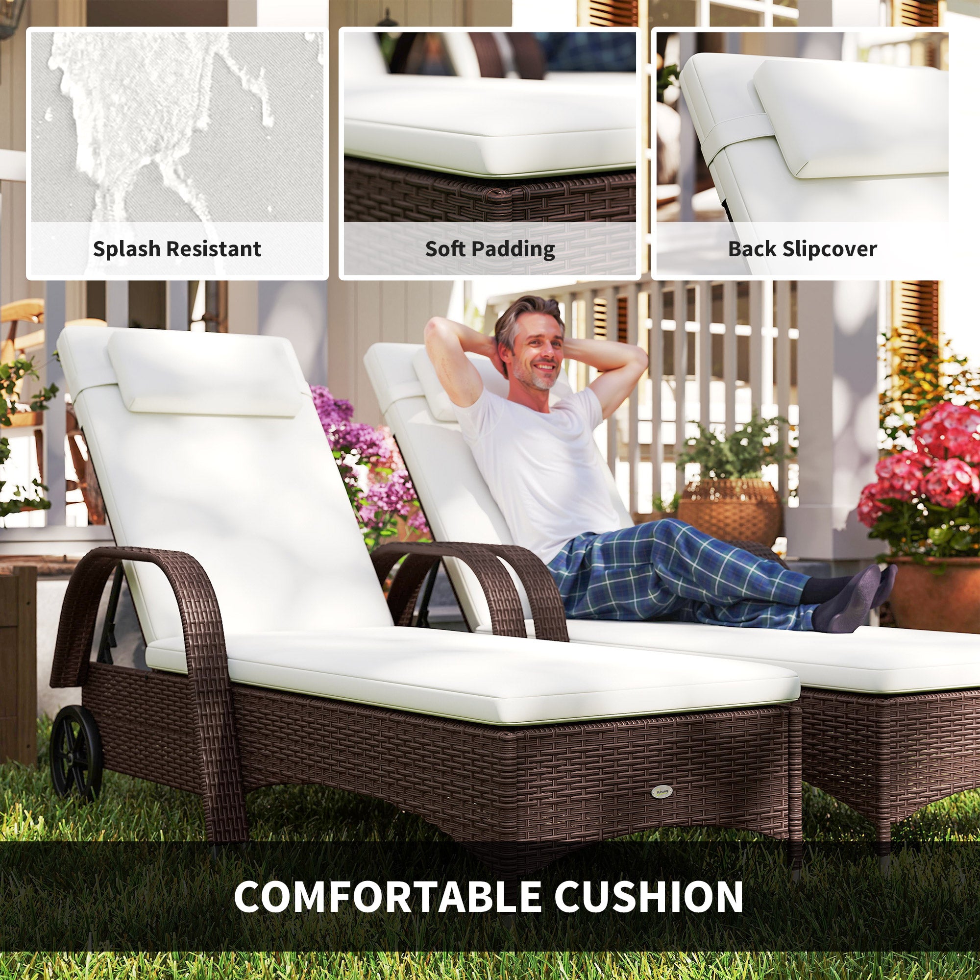 Outsunny Rattan Sun Loungers for Garden Set of 2 with Side Table, Garden Recliner Sunbeds with Adjustable Back, Wheels, Cushions and Headrest, 3 Pieces Garden Furniture Set for Outdoor, Patio, Brown