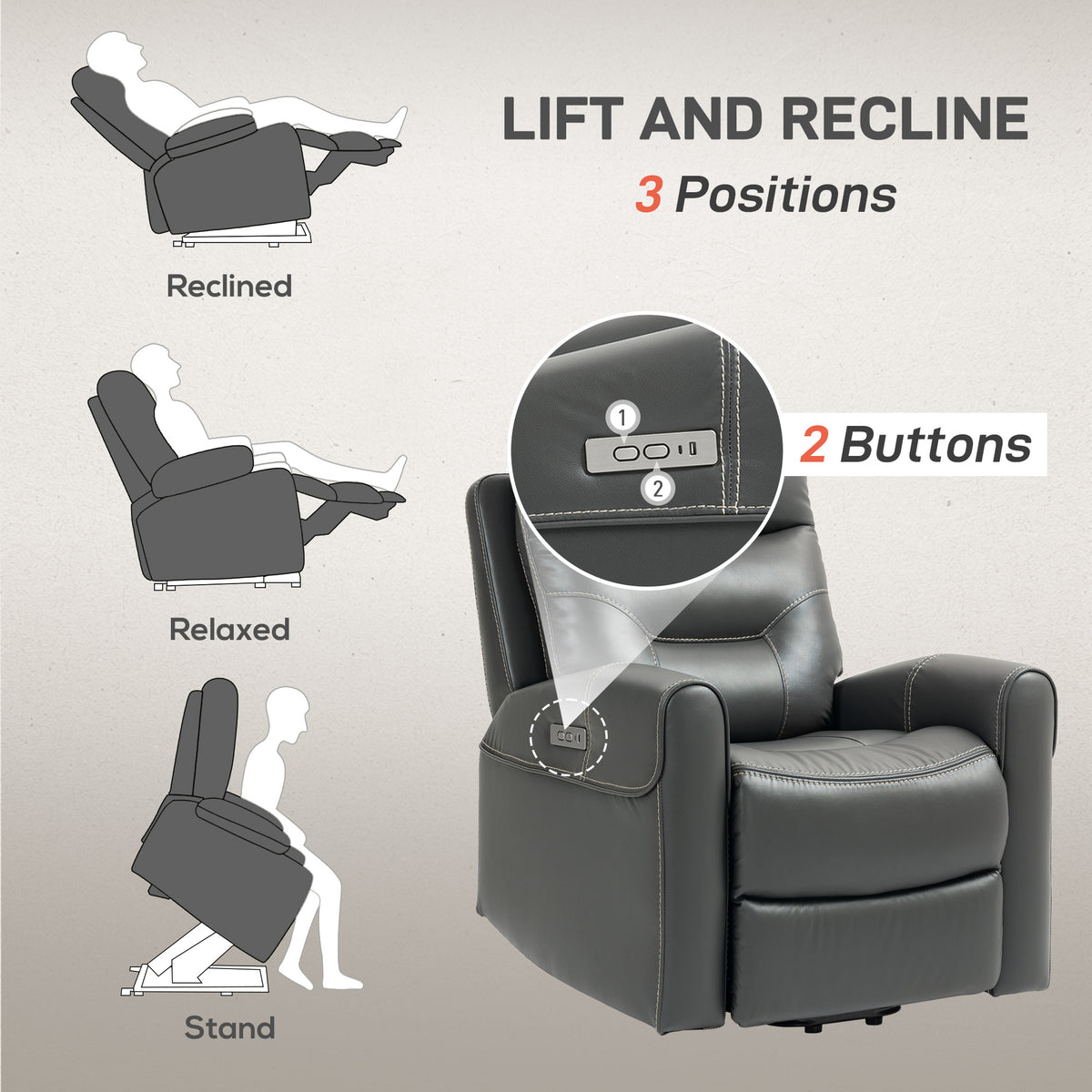 Power Lift Recliner Chair for Elderly, Overstuffed Faux Leather Riser and Reclining Chair with USB A+C Ports, Recliner Armchair for Living Room, Charcoal Grey