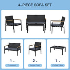 Outsunny 4 Pieces Rattan Garden Furniture Set, 4 Seater Garden Sofa Set with Loveseat, 2 Armchairs and Glass Top Coffee Table, Wicker Outdoor Conservatory Furniture with Cushions for Patio, Black